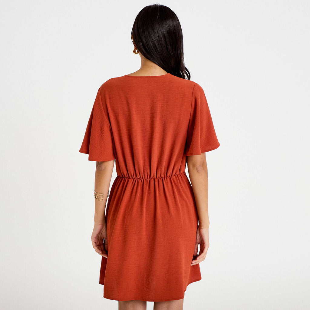 Robe courte évasée col v manches courtes orange foncé femme