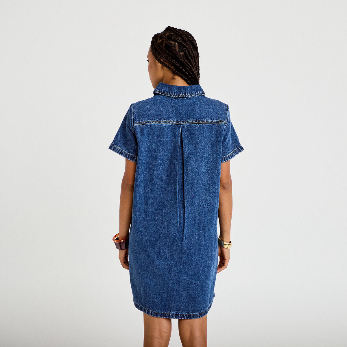 Robe droite courte en jean col chemise denim stone femme