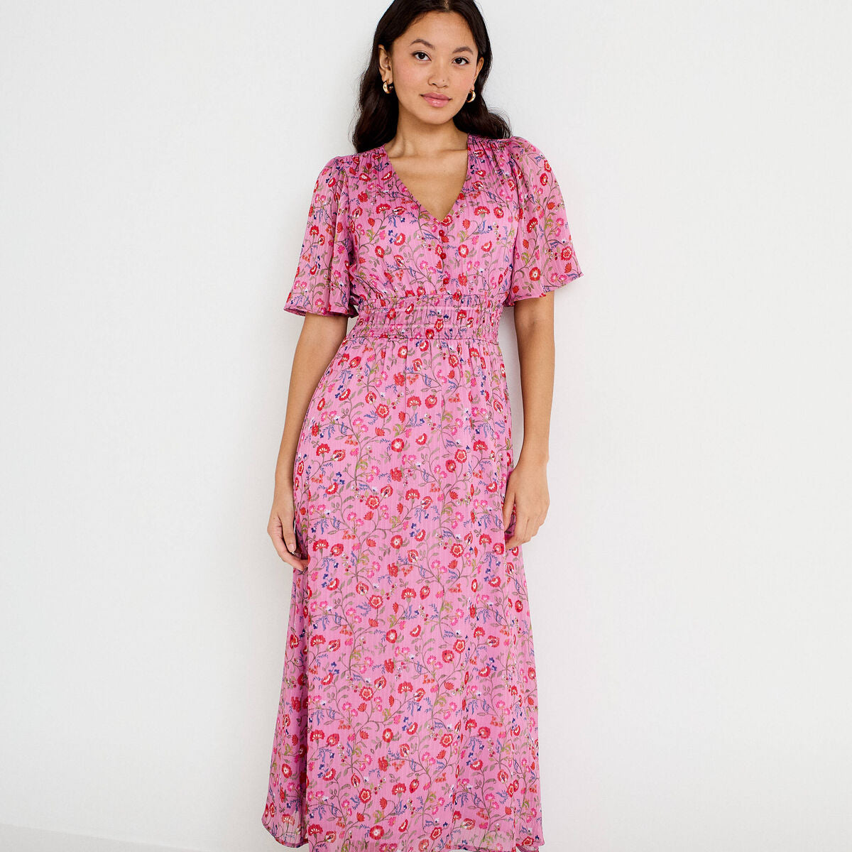 Robe longue évasée voile manches courtes rose femme