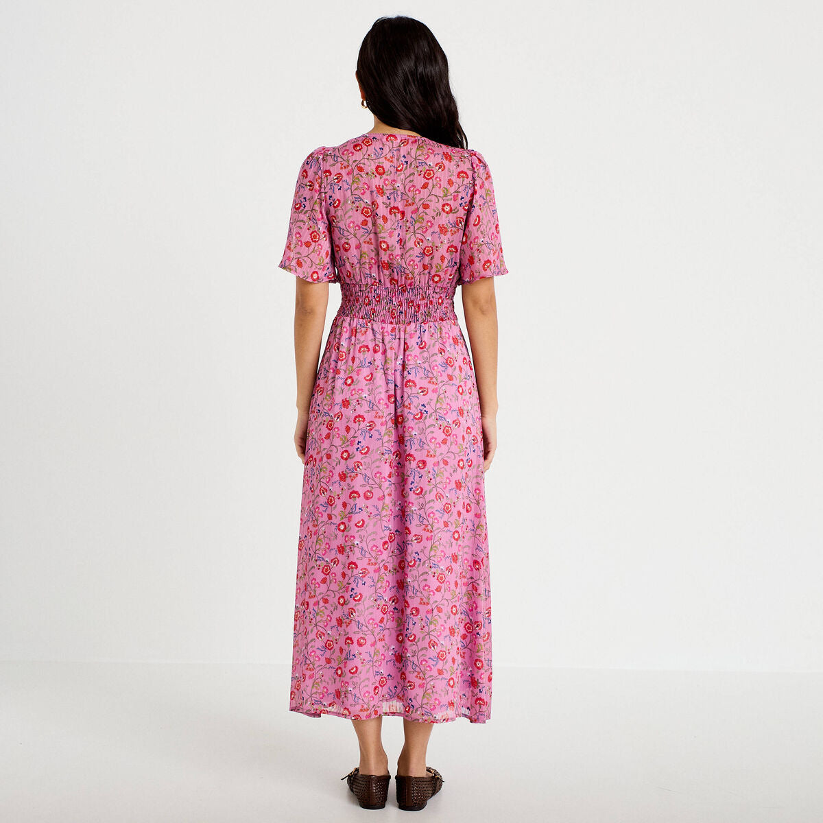 Robe longue évasée voile manches courtes rose femme