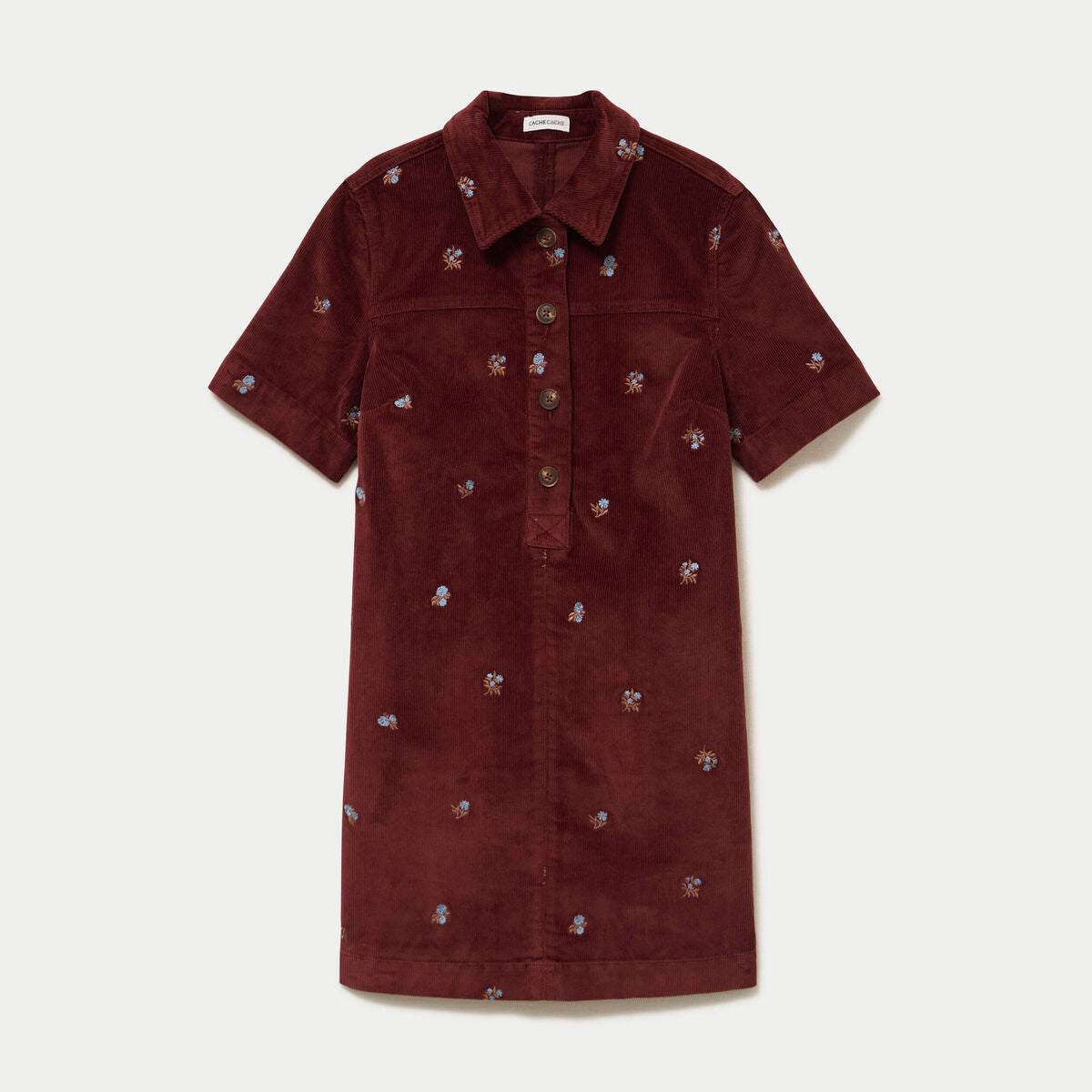 Robe droite courte en velours brodé marron femme