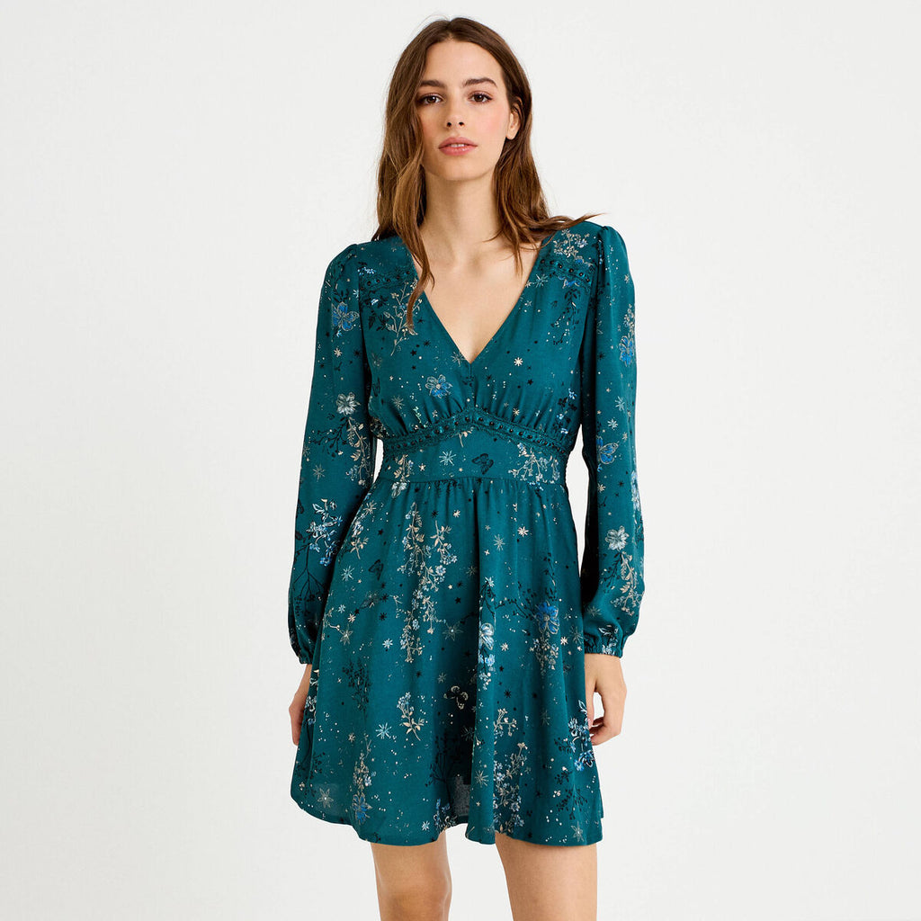 Robe courte évasée col v manches longues vert femme