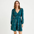 Robe courte évasée col v manches longues vert femme