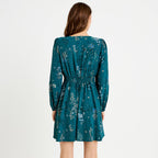 Robe courte évasée col v manches longues vert femme