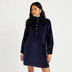 Robe évasée velours col montant bleu marine femme