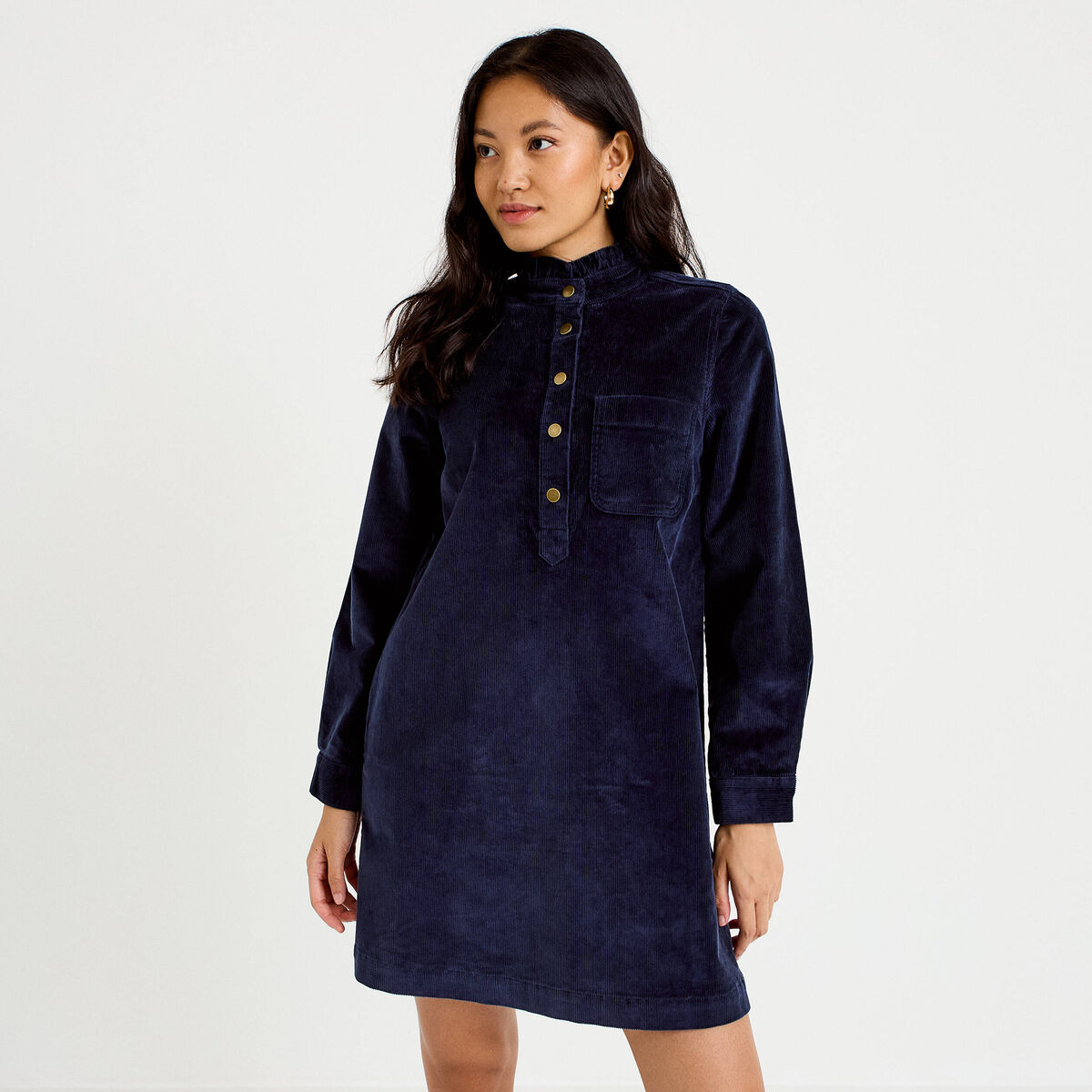 Robe évasée velours col montant bleu marine femme