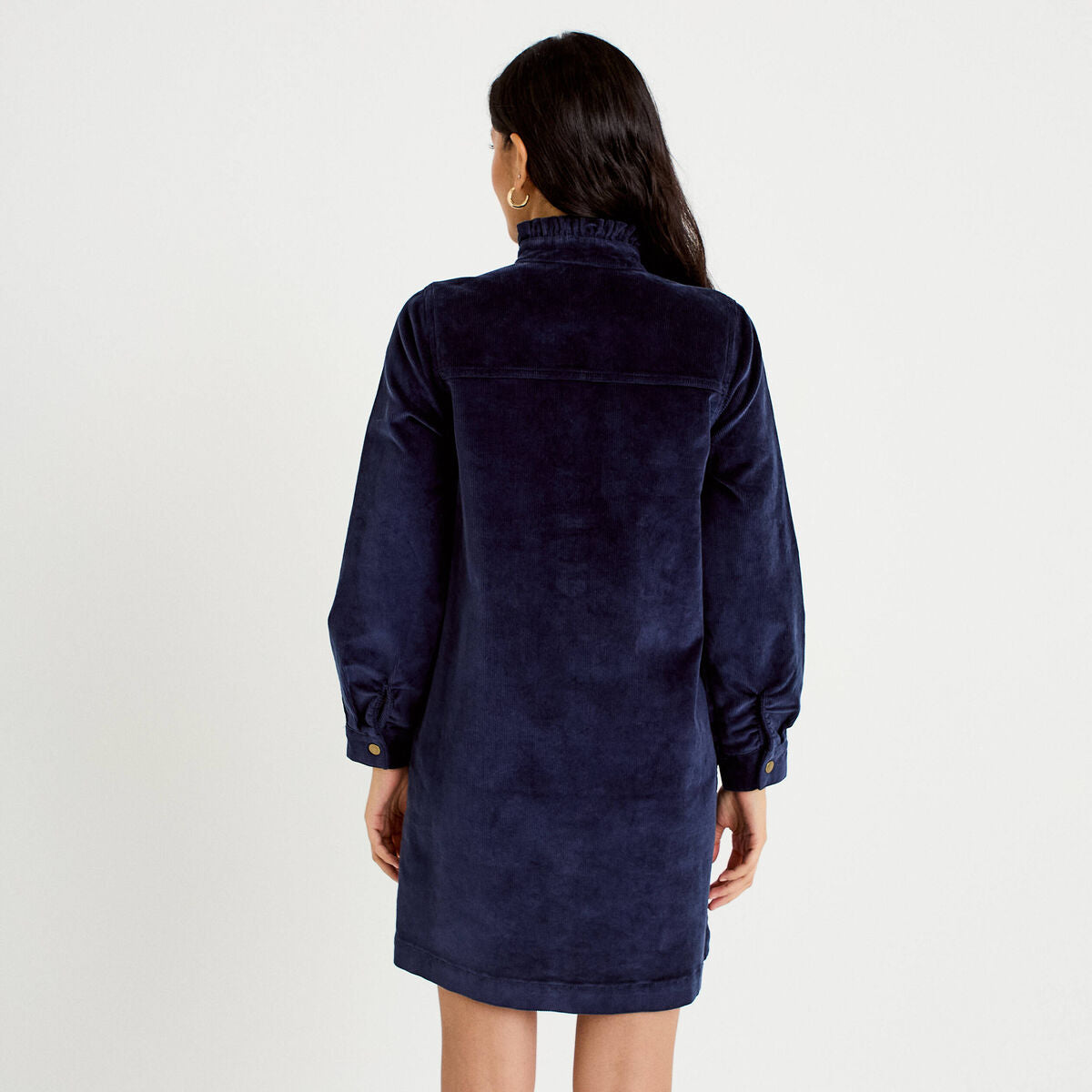 Robe évasée velours col montant bleu marine femme