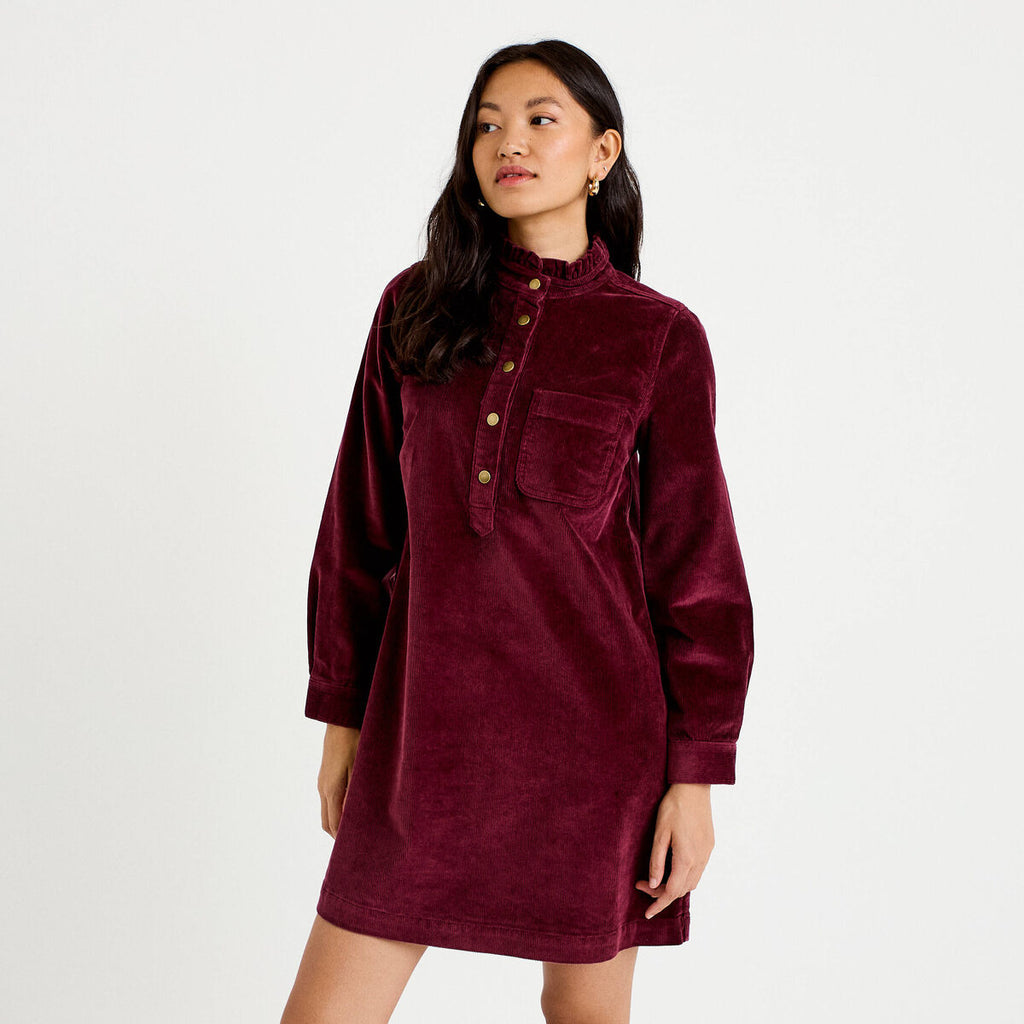 Robe évasée velours col montant bordeaux femme