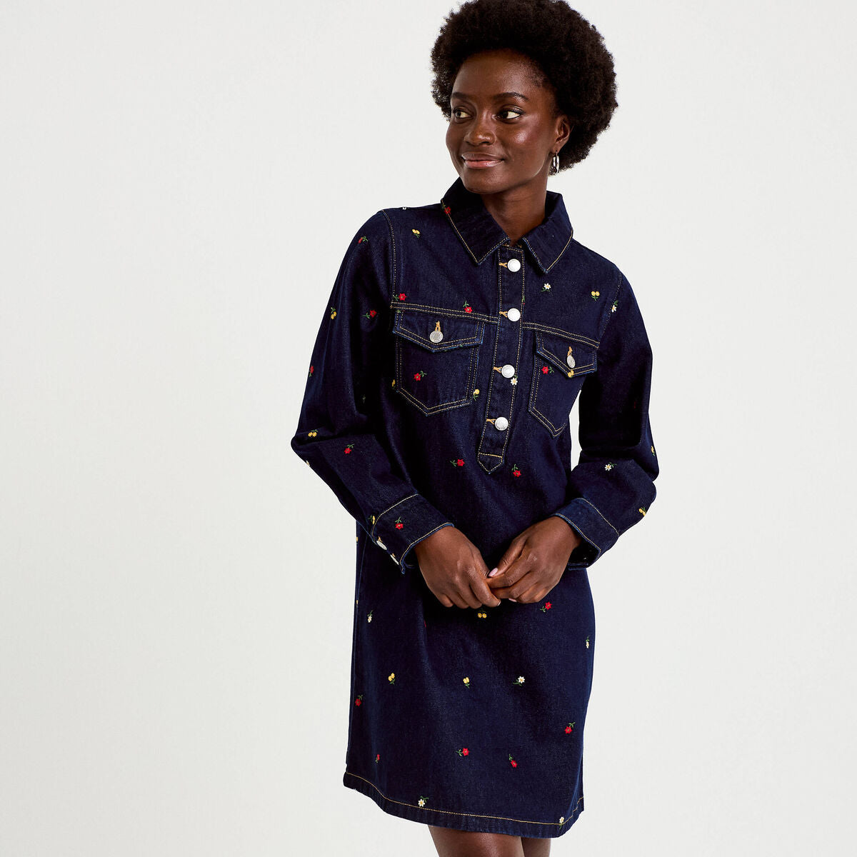 Robe courte évasée en jean brodée bleu marine femme
