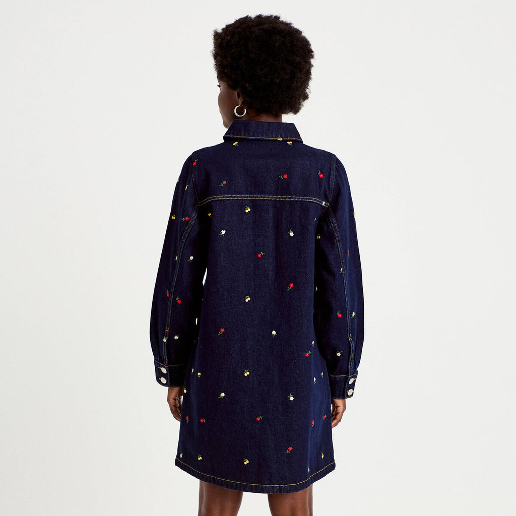 Robe courte évasée en jean brodée bleu marine femme