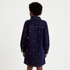 Robe courte évasée en jean brodée bleu marine femme