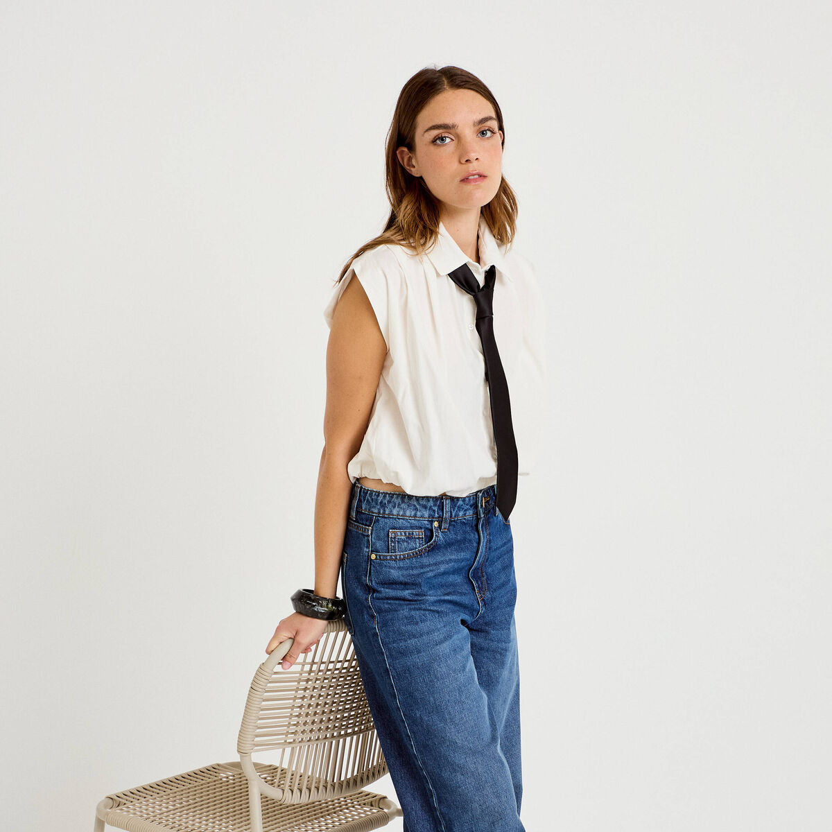 Chemise effet boule col américain ecru femme