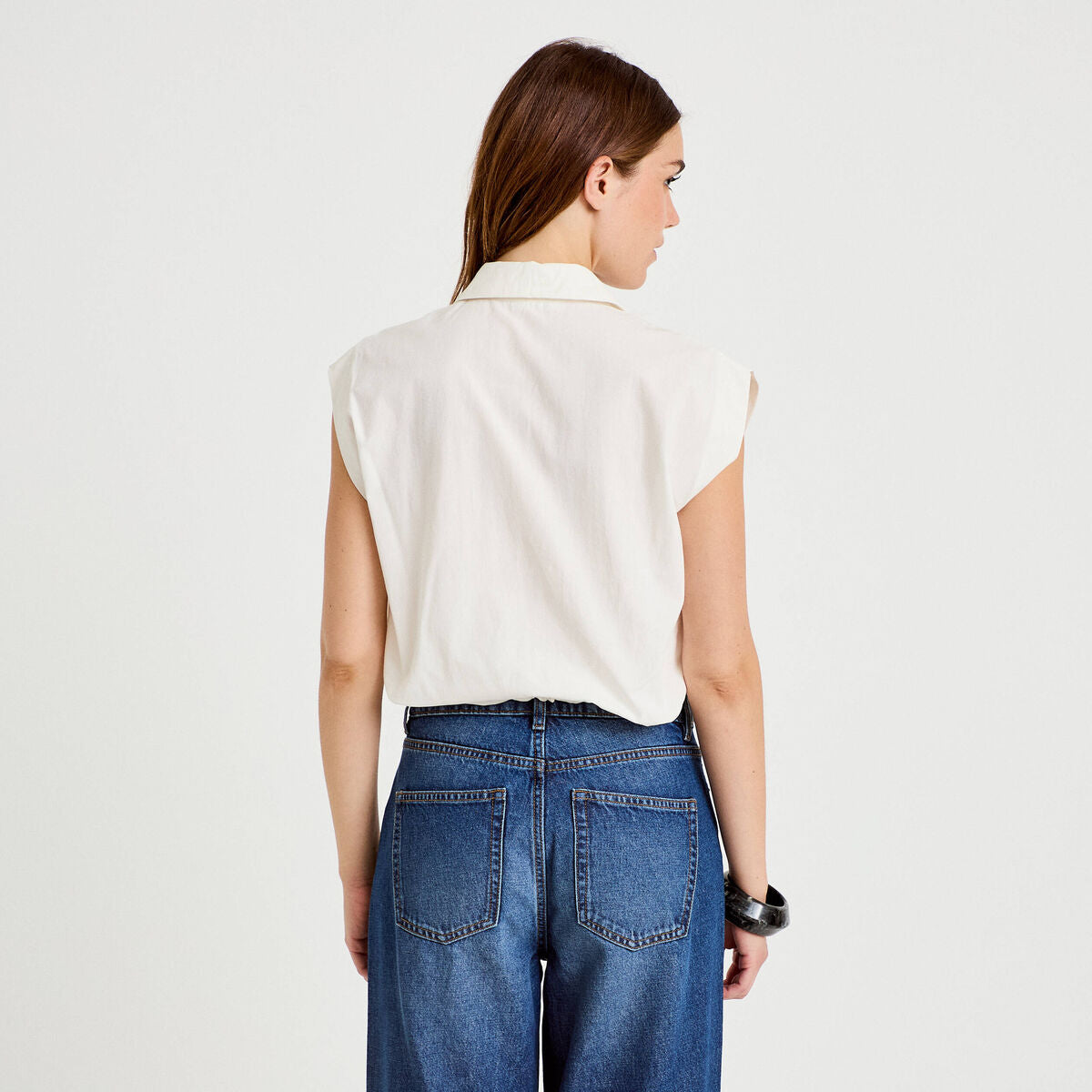 Chemise effet boule col américain ecru femme