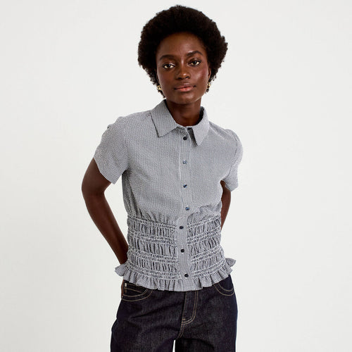 Chemise cintrée manches courtes bleu marine femme