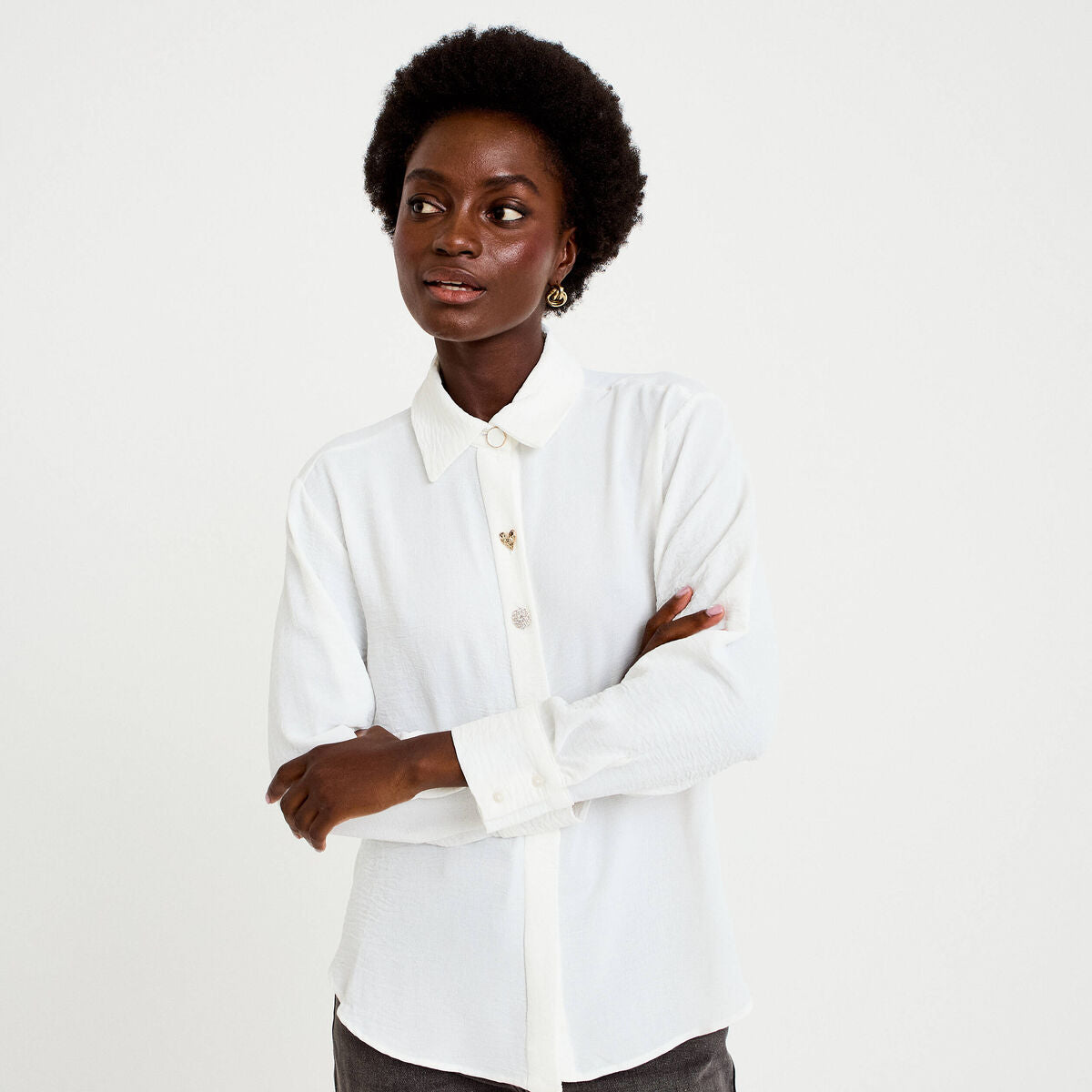 Chemise droite plissée manches longues ecru femme
