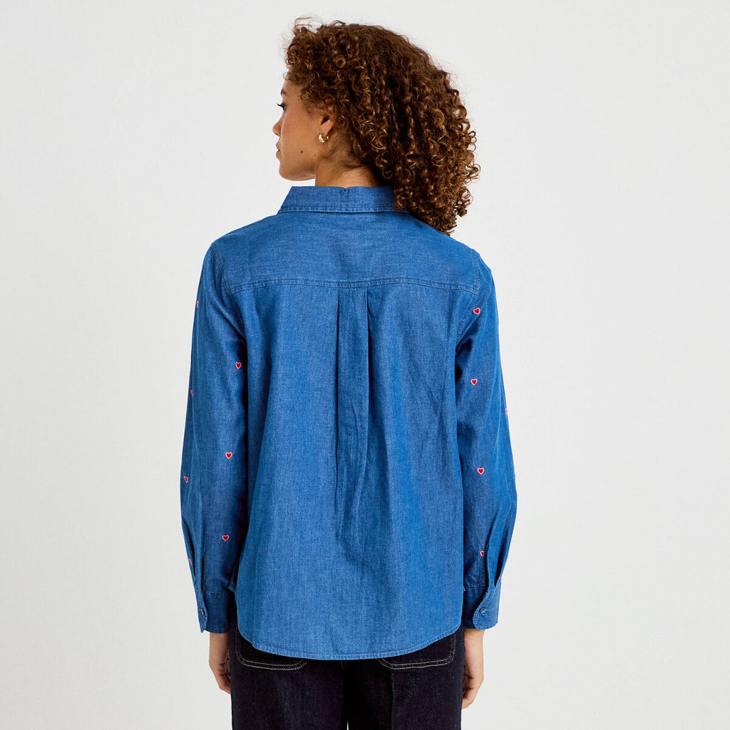 Chemise droite en jean col américain denim stone femme