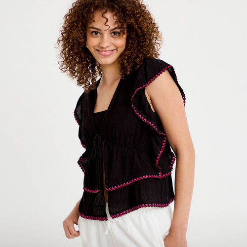 Blouse droite sans manches plissée noir femme