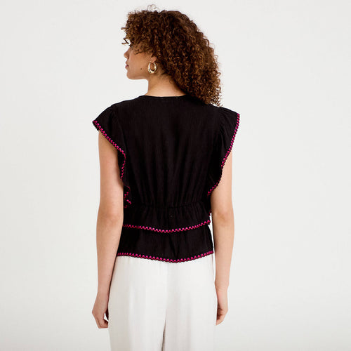 Blouse droite sans manches plissée noir femme
