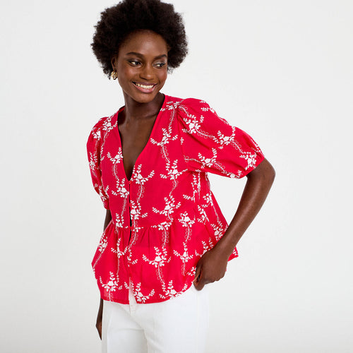 Blouse col v manches courtes brodée rouge femme