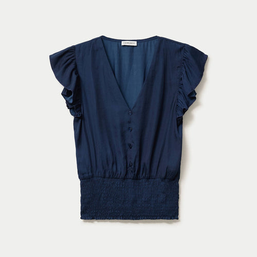 Blouse cintrée col v manches courtes bleu marine femme