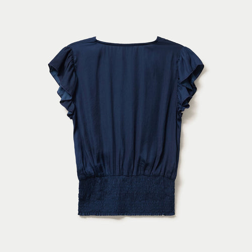 Blouse cintrée col v manches courtes bleu marine femme