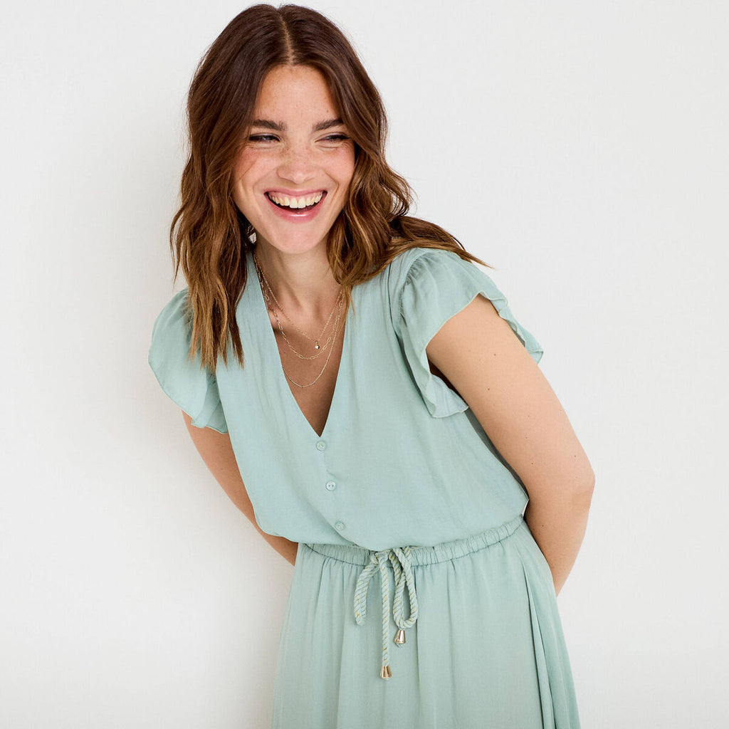 Blouse cintrée col v manches courtes vert pastel femme
