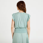 Blouse cintrée col v manches courtes vert pastel femme