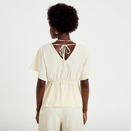 Blouse plissée col v manches courtes ecru femme