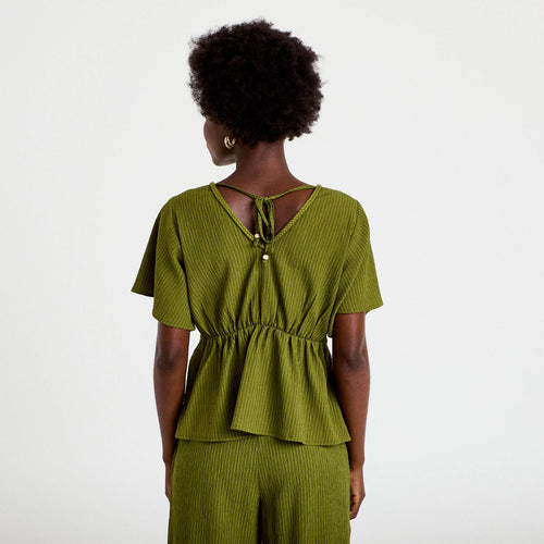 Blouse plissée col v manches courtes vert kaki femme