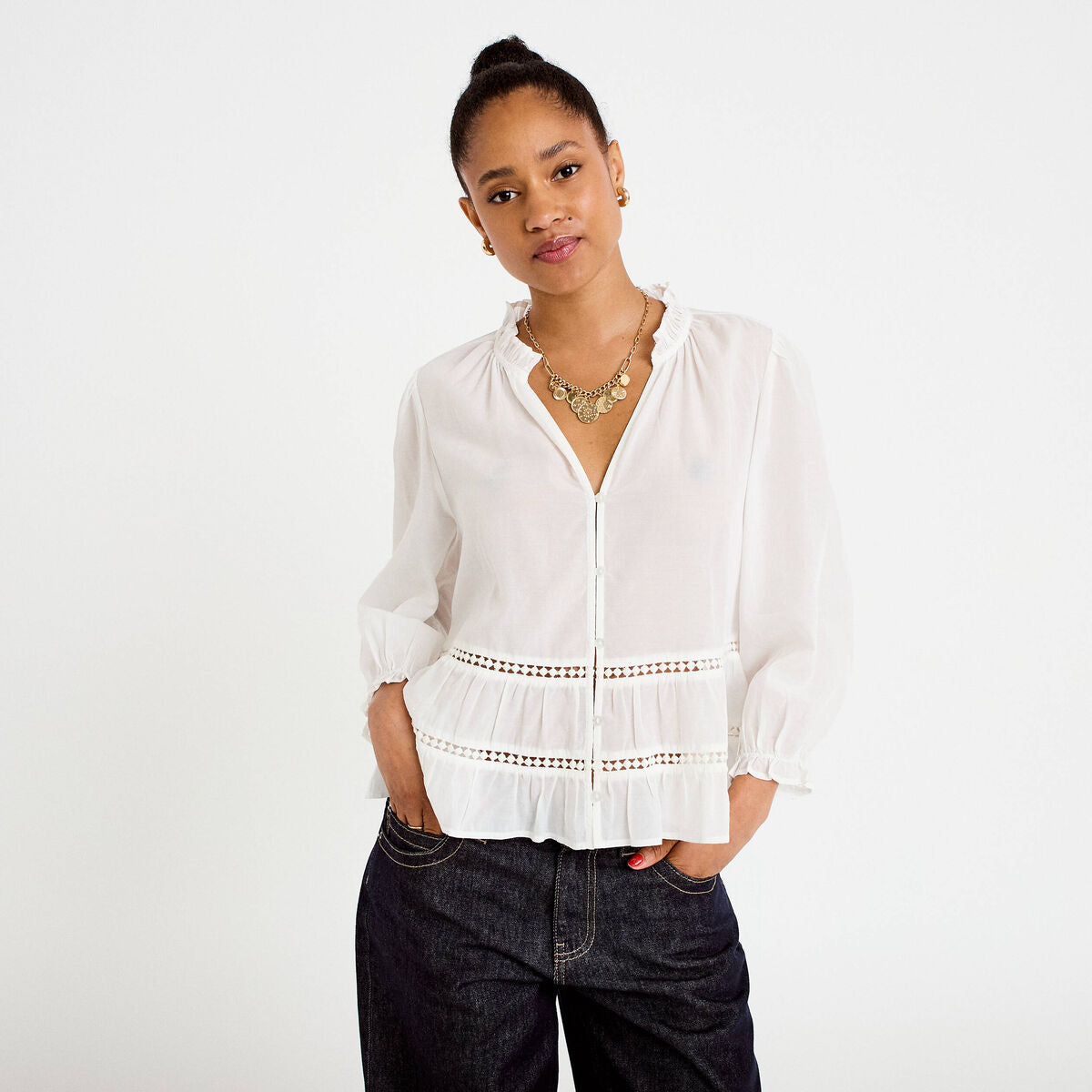 Blouse cintrée col v manches 3/4 ecru femme