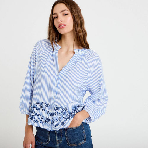 Blouse col v manches 3/4 brodée bleu marine femme