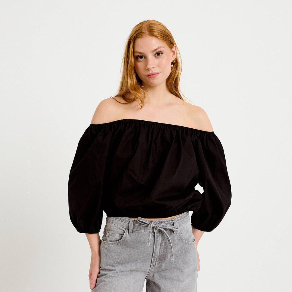 Blouse oversize col bardot manches 3/4 noir femme