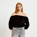 Blouse oversize col bardot manches 3/4 noir femme