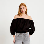 Blouse oversize col bardot manches 3/4 noir femme
