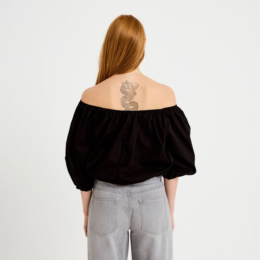 Blouse oversize col bardot manches 3/4 noir femme