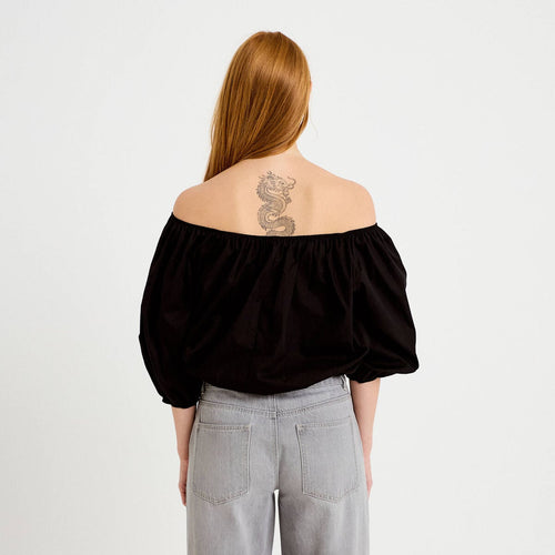 Blouse oversize col bardot manches 3/4 noir femme