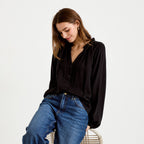 Blouse ample plissée manches longues noir femme