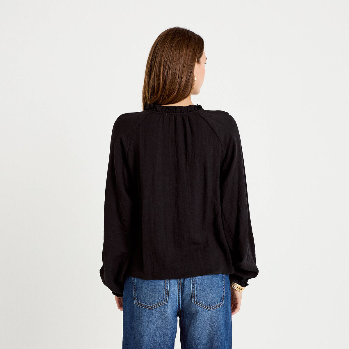 Blouse ample plissée manches longues noir femme