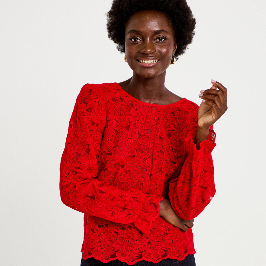 Blouse droite col v en dentelle rouge femme