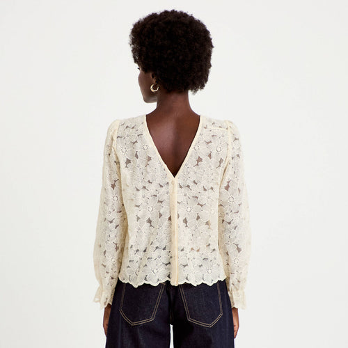 Blouse droite col v en dentelle ecru femme