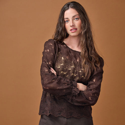 Blouse droite col v en dentelle marron foncé femme