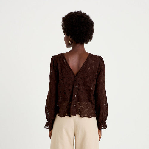 Blouse droite col v en dentelle marron foncé femme
