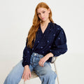 Blouse avec broderie bleu foncé femme