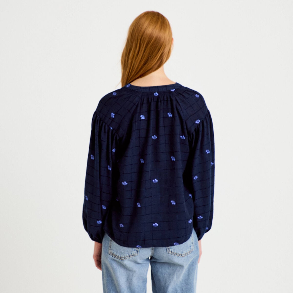 Blouse avec broderie bleu foncé femme