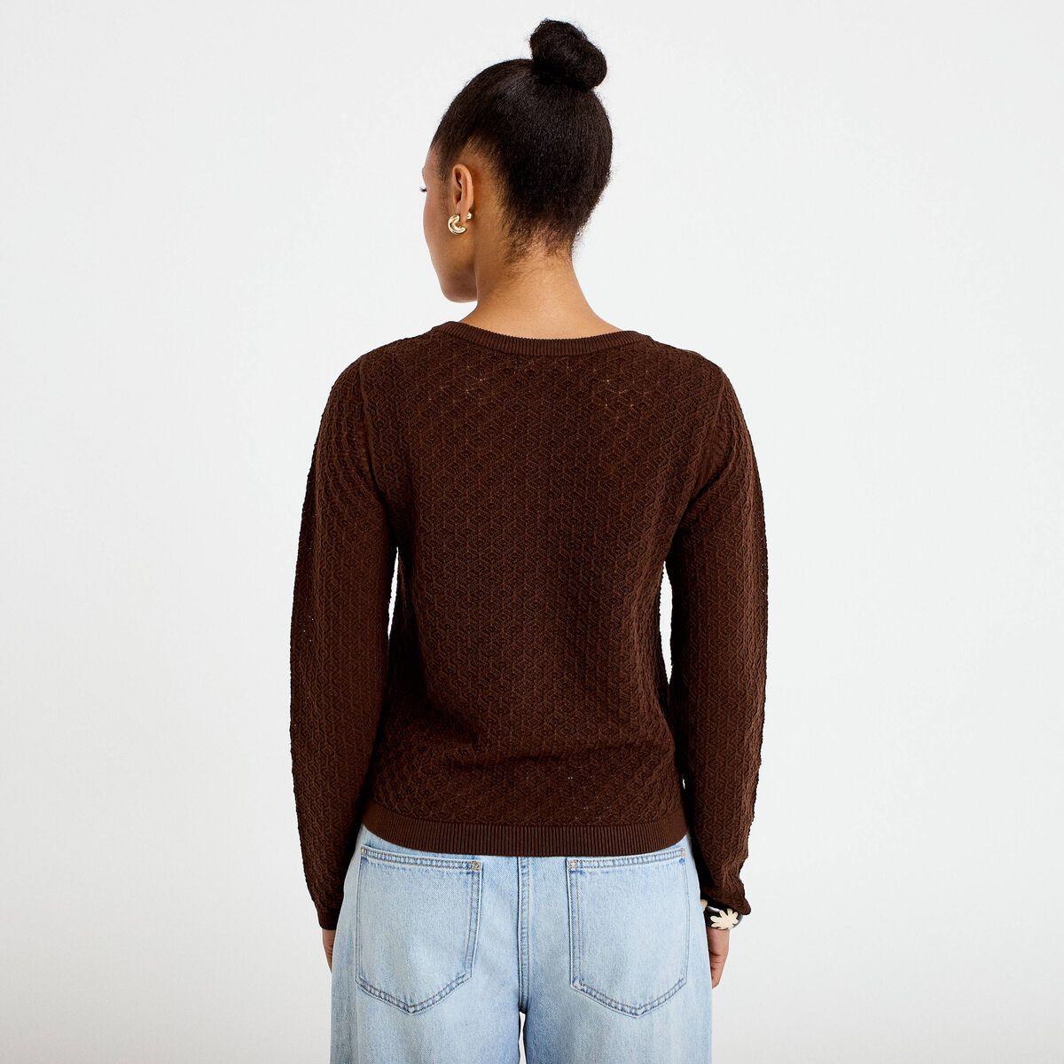 Gilet ajouré manches longues dentelle marron foncé femme