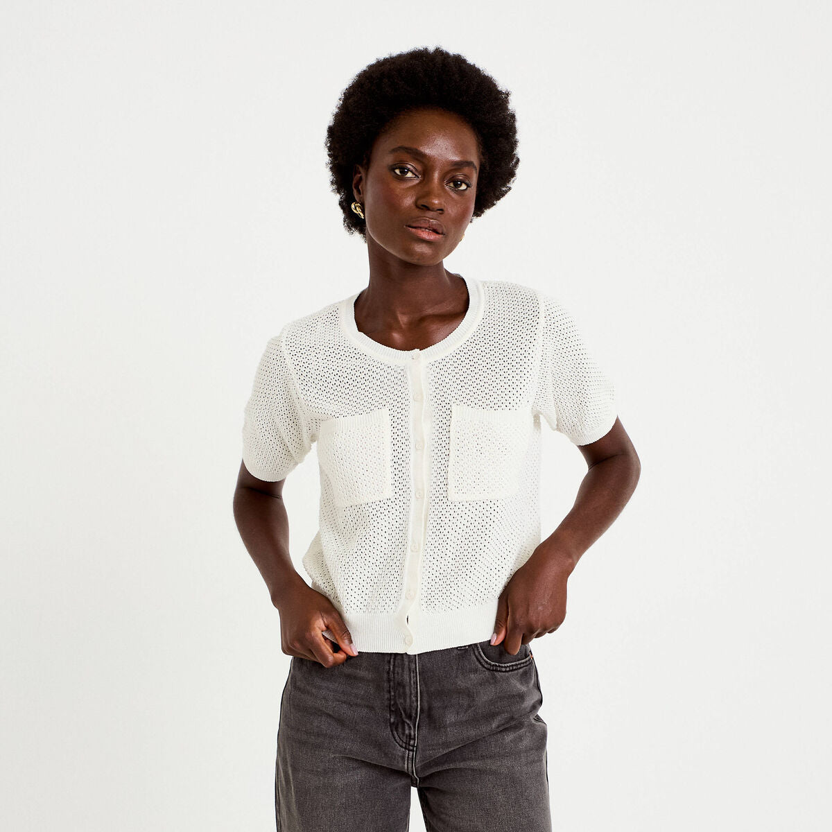 Gilet ajouré col rond manches courtes ecru femme