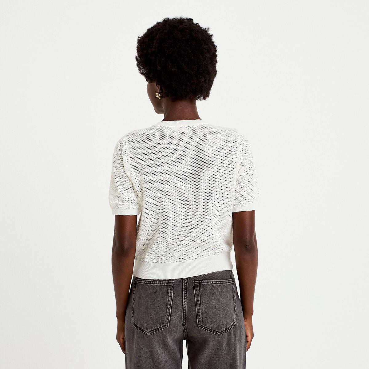 Gilet ajouré col rond manches courtes ecru femme