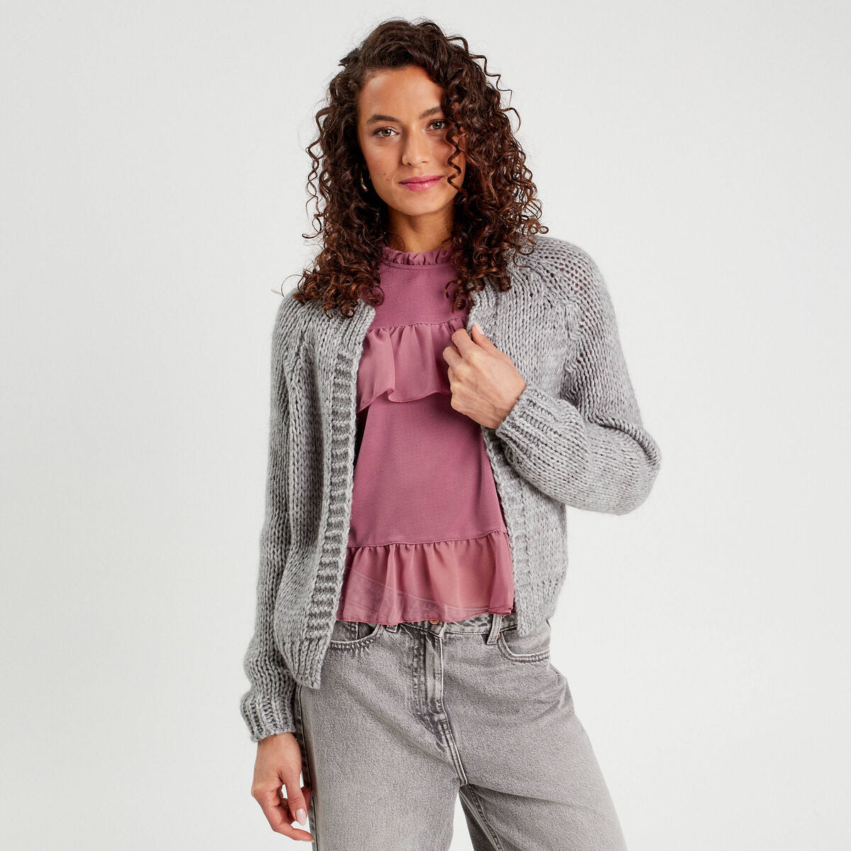 Gilet manches longues gris clair femme