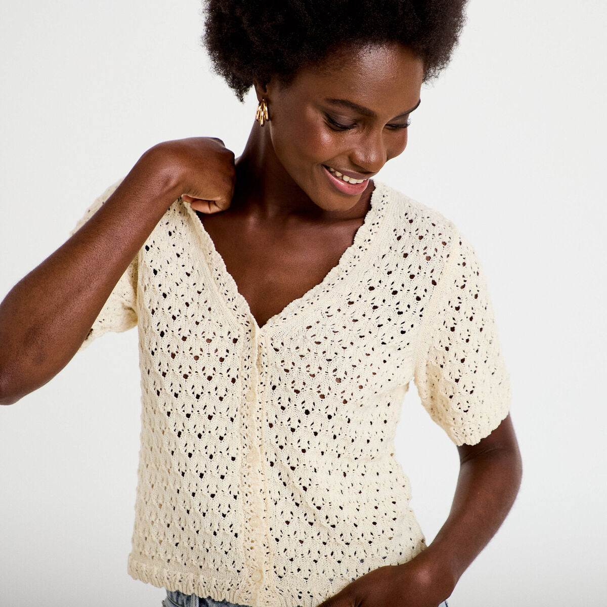 Gilet ajouré col v manches courtes ecru femme