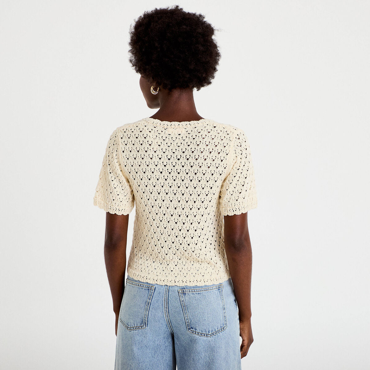 Gilet ajouré col v manches courtes ecru femme